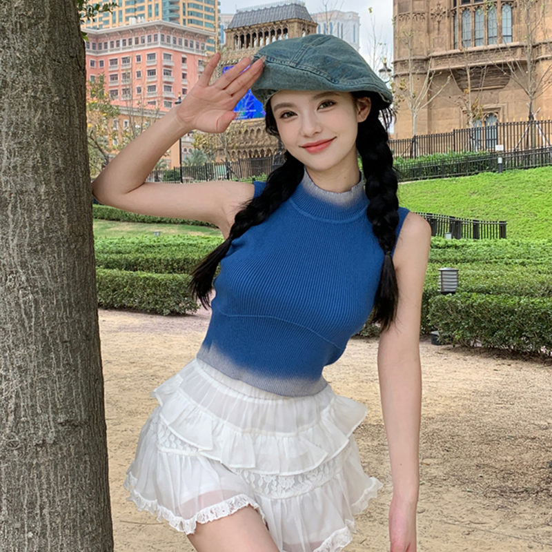 Áo Tank Top Dệt Kim Cổ Cao Màu Sắc Gradient Phong Cách Hàn Quốc Thời Trang Mùa Hè Cho Nữ