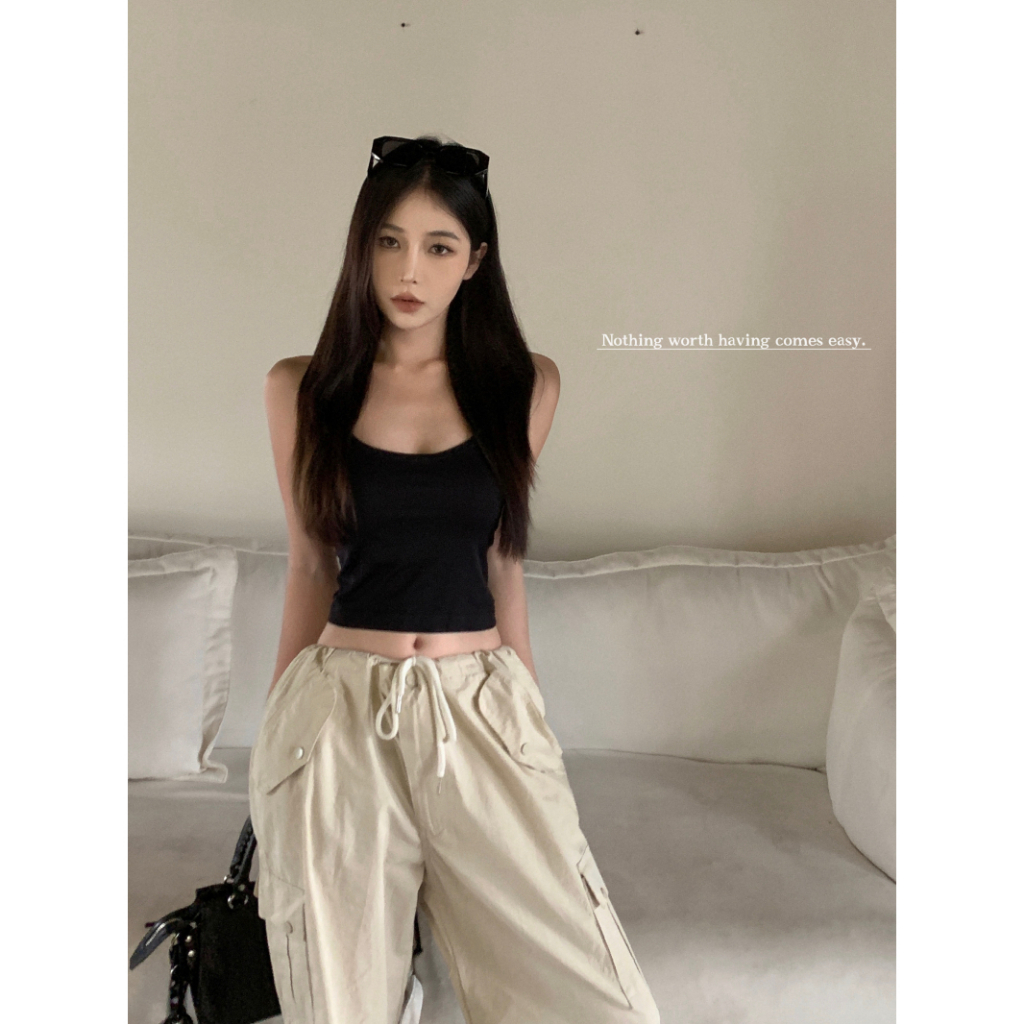 HUANG YOYO Áo Croptop Màu Đen Có Đệm Ngực Hở Lưng Thời Trang Hàn Quốc Cho Nữ