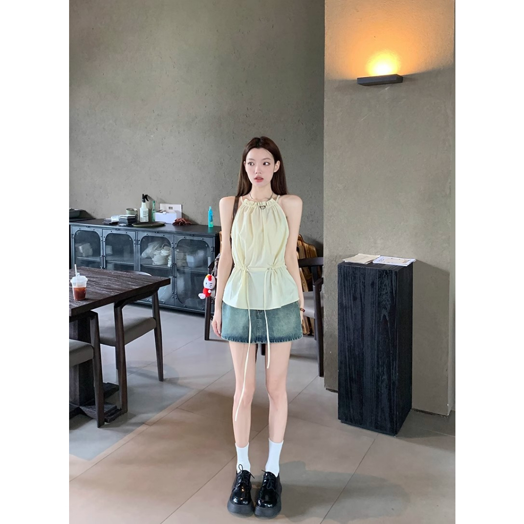 Kumikumi Niche Áo Sát Nách Dáng Rộng Cổ Yếm Xếp Ly Phối Dây Rút Thời Trang Mùa Hè Cho Nữ