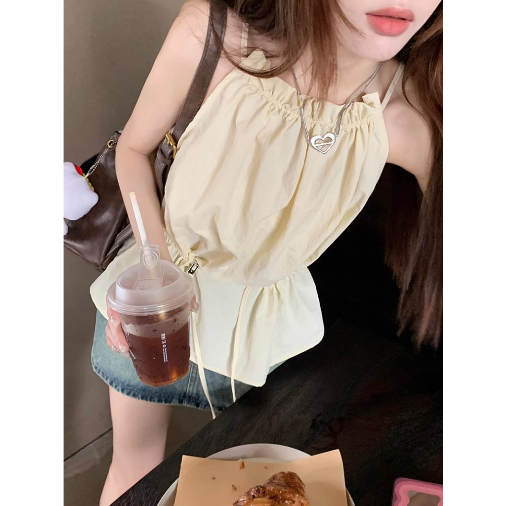 Kumikumi Niche Áo Sát Nách Dáng Rộng Cổ Yếm Xếp Ly Phối Dây Rút Thời Trang Mùa Hè Cho Nữ