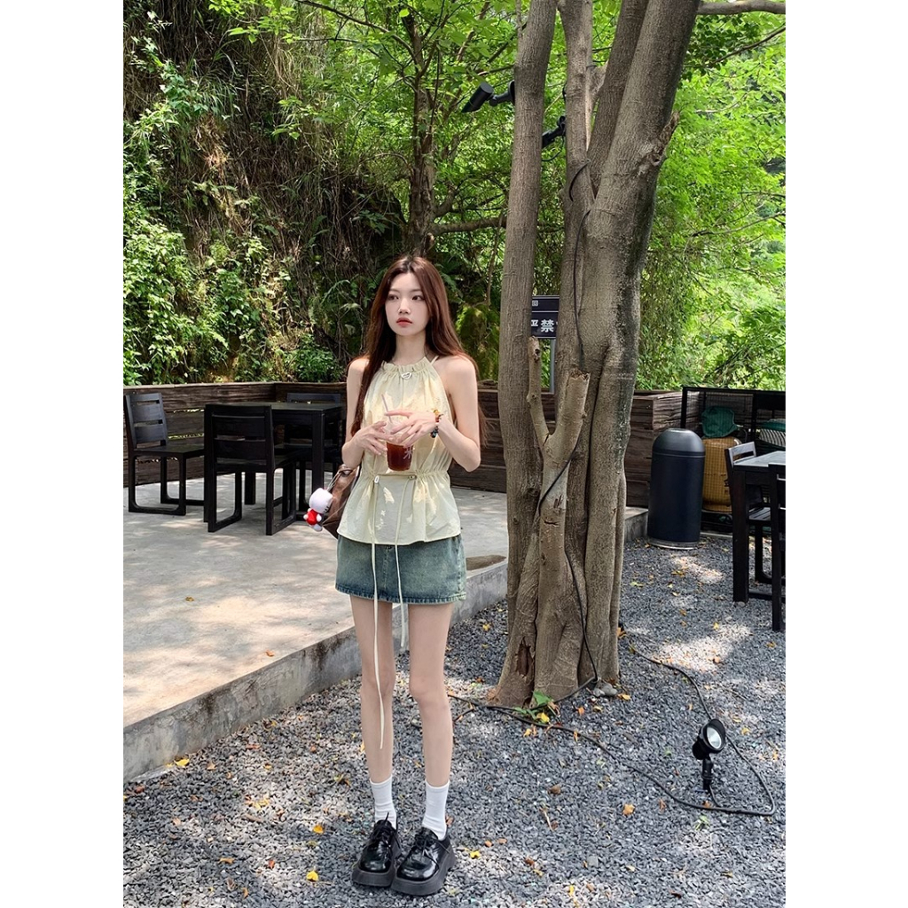 Kumikumi Niche Áo Sát Nách Dáng Rộng Cổ Yếm Xếp Ly Phối Dây Rút Thời Trang Mùa Hè Cho Nữ