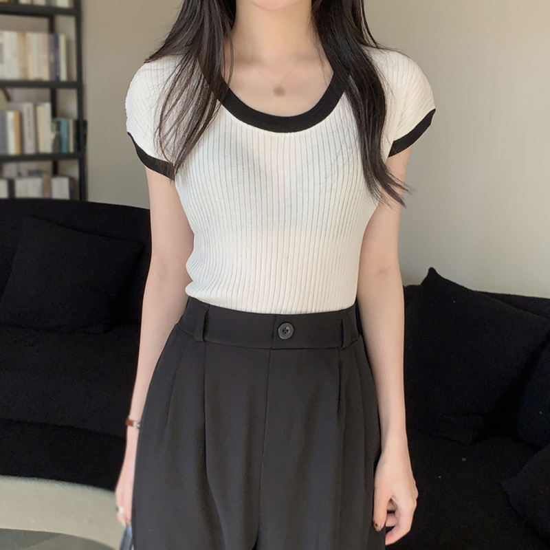 Áo Dệt Kim Sát Nách Cổ Tròn Màu Sắc Tương Phản Đơn Giản Phong Cách Hàn Quốc Cho Nữ