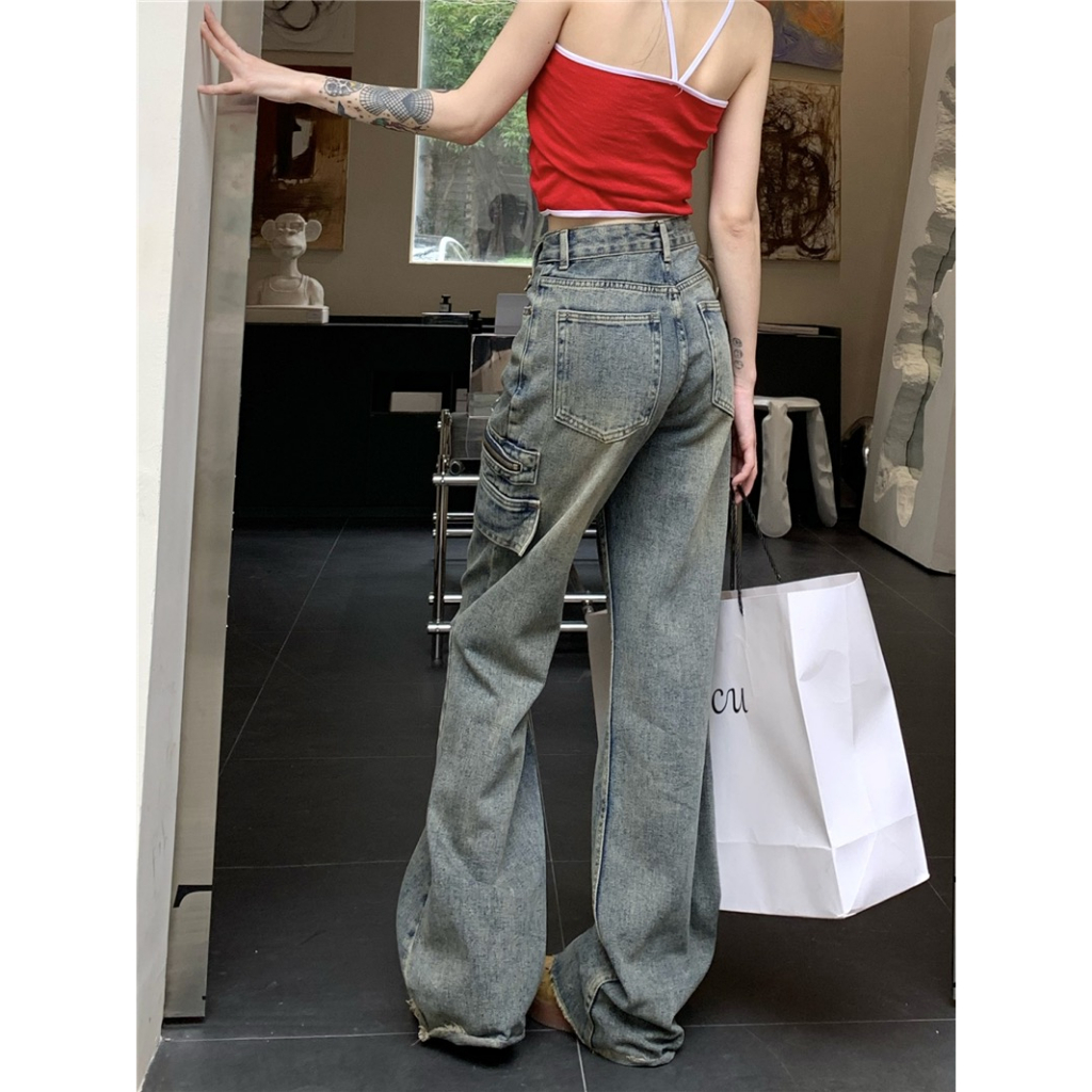 Ethelgirl Quần Jean Lưng Cao Ống Rộng Phối Túi Cá Tính Theo Phong Cách Vintage Dành Cho Nữ