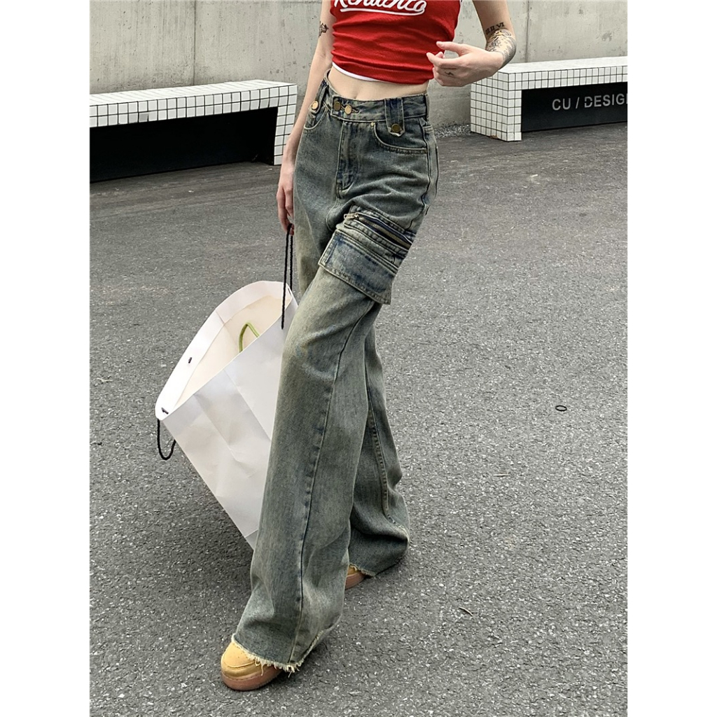 Ethelgirl Quần Jean Lưng Cao Ống Rộng Phối Túi Cá Tính Theo Phong Cách Vintage Dành Cho Nữ