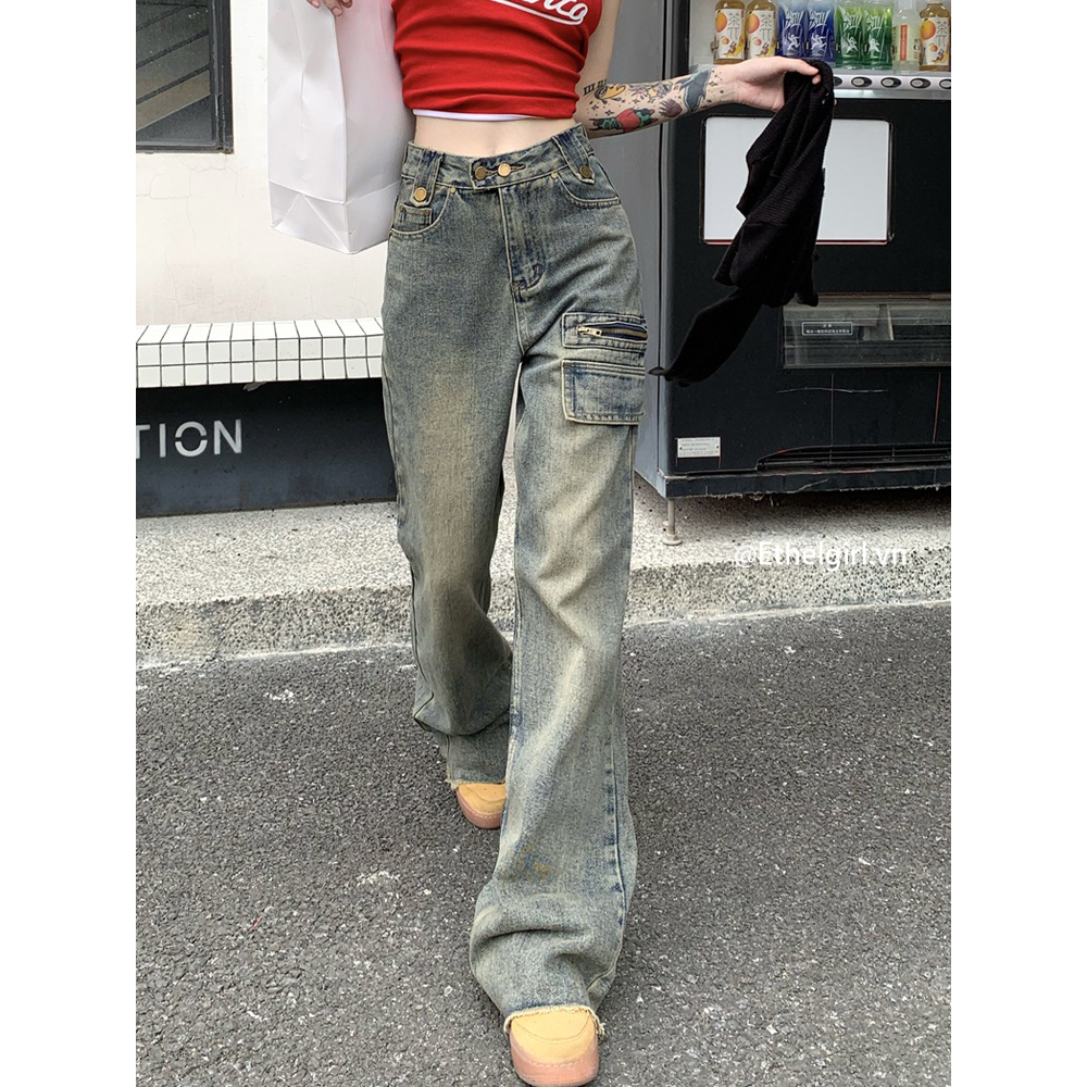 Ethelgirl Quần Jean Lưng Cao Ống Rộng Phối Túi Cá Tính Theo Phong Cách Vintage Dành Cho Nữ