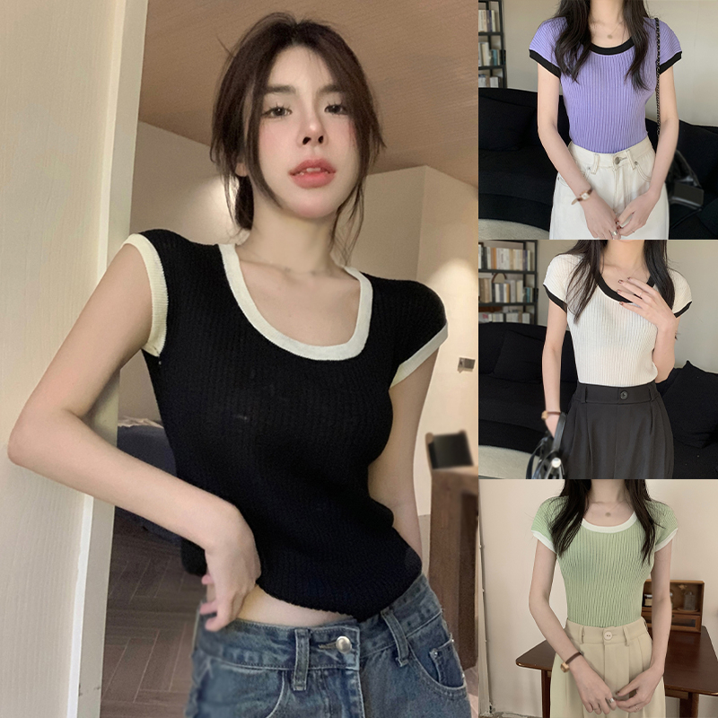 Áo Dệt Kim Sát Nách Cổ Tròn Màu Sắc Tương Phản Đơn Giản Phong Cách Hàn Quốc Cho Nữ
