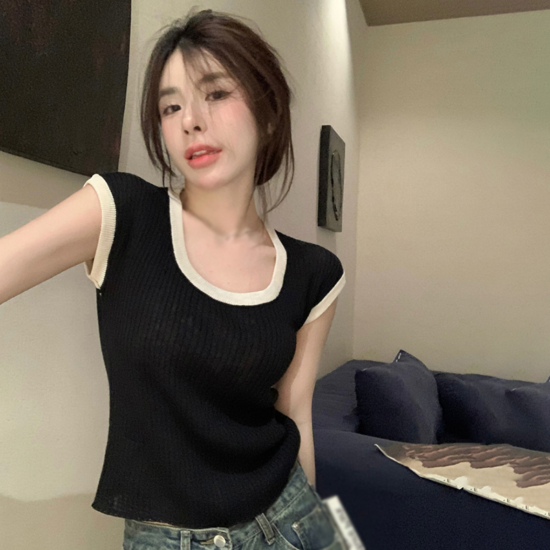 Áo Dệt Kim Sát Nách Cổ Tròn Màu Sắc Tương Phản Đơn Giản Phong Cách Hàn Quốc Cho Nữ