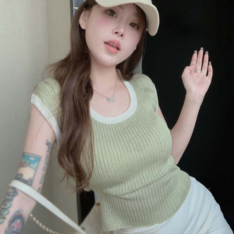 Áo Dệt Kim Sát Nách Cổ Tròn Màu Sắc Tương Phản Đơn Giản Phong Cách Hàn Quốc Cho Nữ