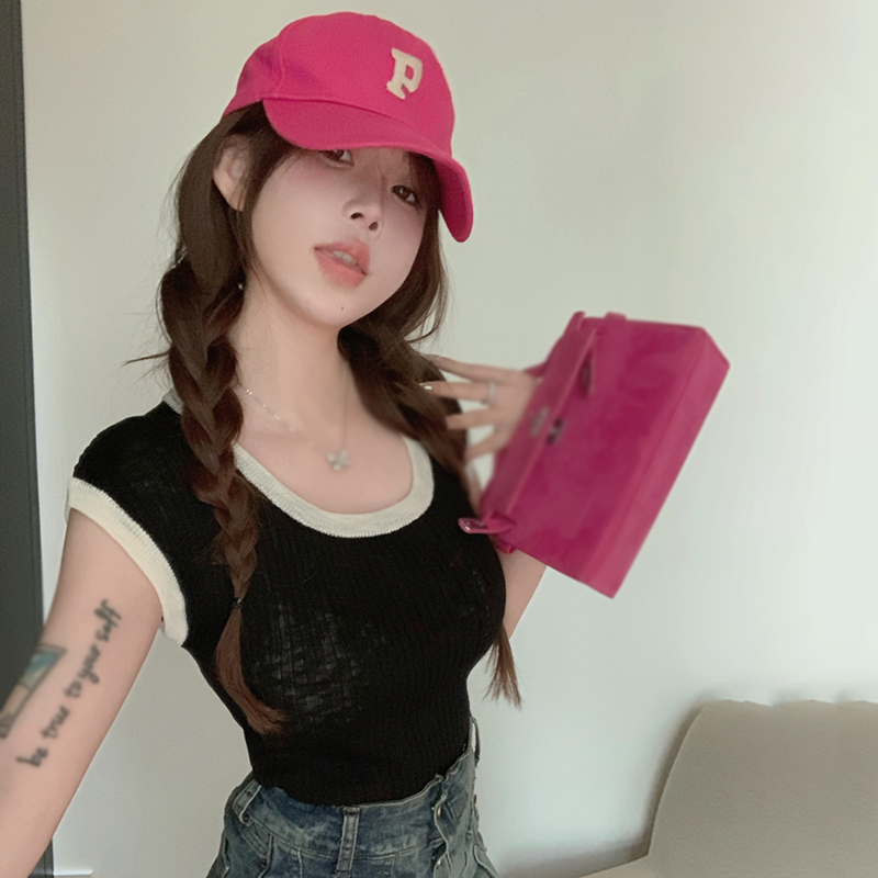 Áo Dệt Kim Sát Nách Cổ Tròn Màu Sắc Tương Phản Đơn Giản Phong Cách Hàn Quốc Cho Nữ