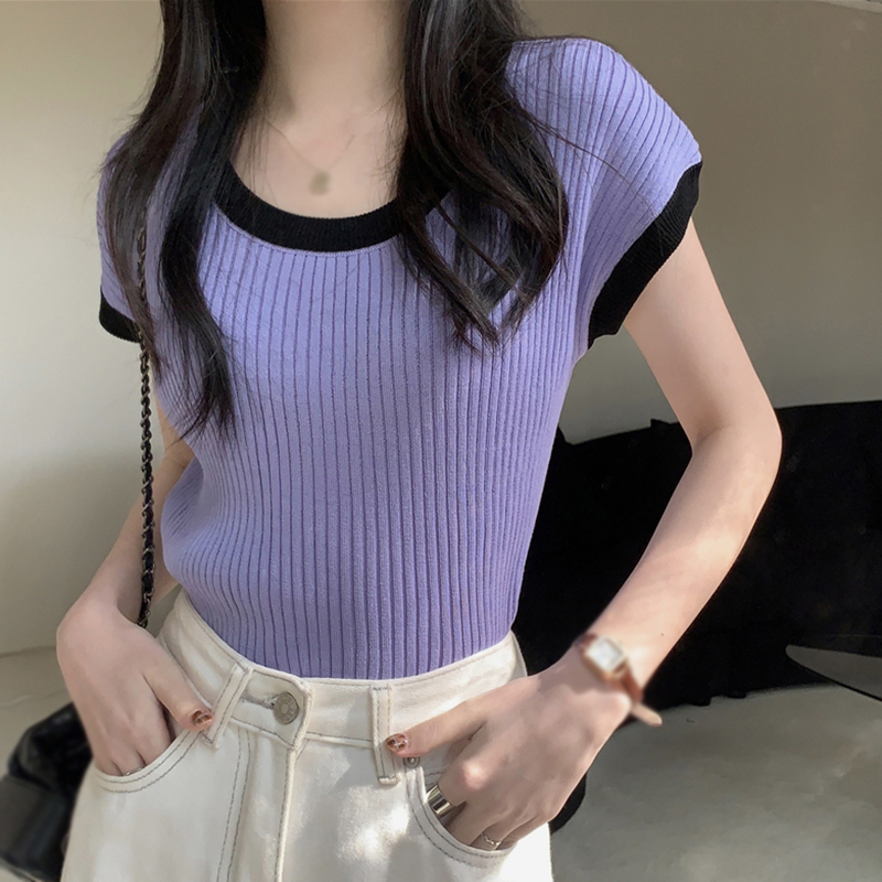 Áo Dệt Kim Sát Nách Cổ Tròn Màu Sắc Tương Phản Đơn Giản Phong Cách Hàn Quốc Cho Nữ