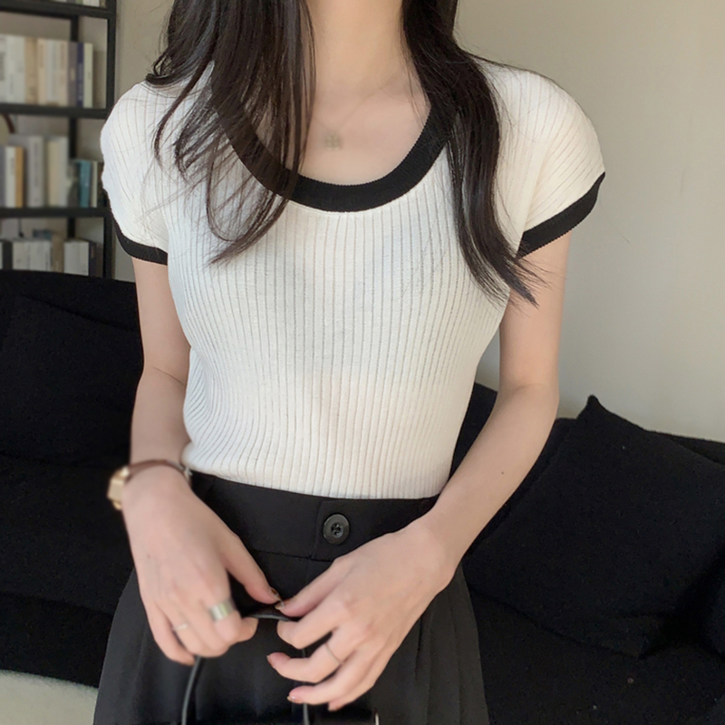 Áo Dệt Kim Sát Nách Cổ Tròn Màu Sắc Tương Phản Đơn Giản Phong Cách Hàn Quốc Cho Nữ