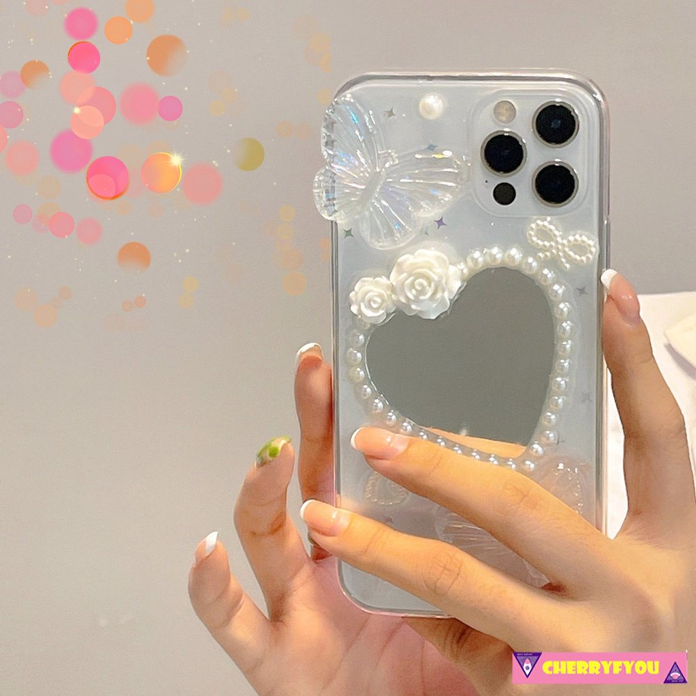 Ốp Điện Thoại TPU Dẻo Gắn Gương Trang Điểm Hình Trái Tim Bướm 3D Cho IPhone 14 Pro Max 13 12 11 Pro Max X XS