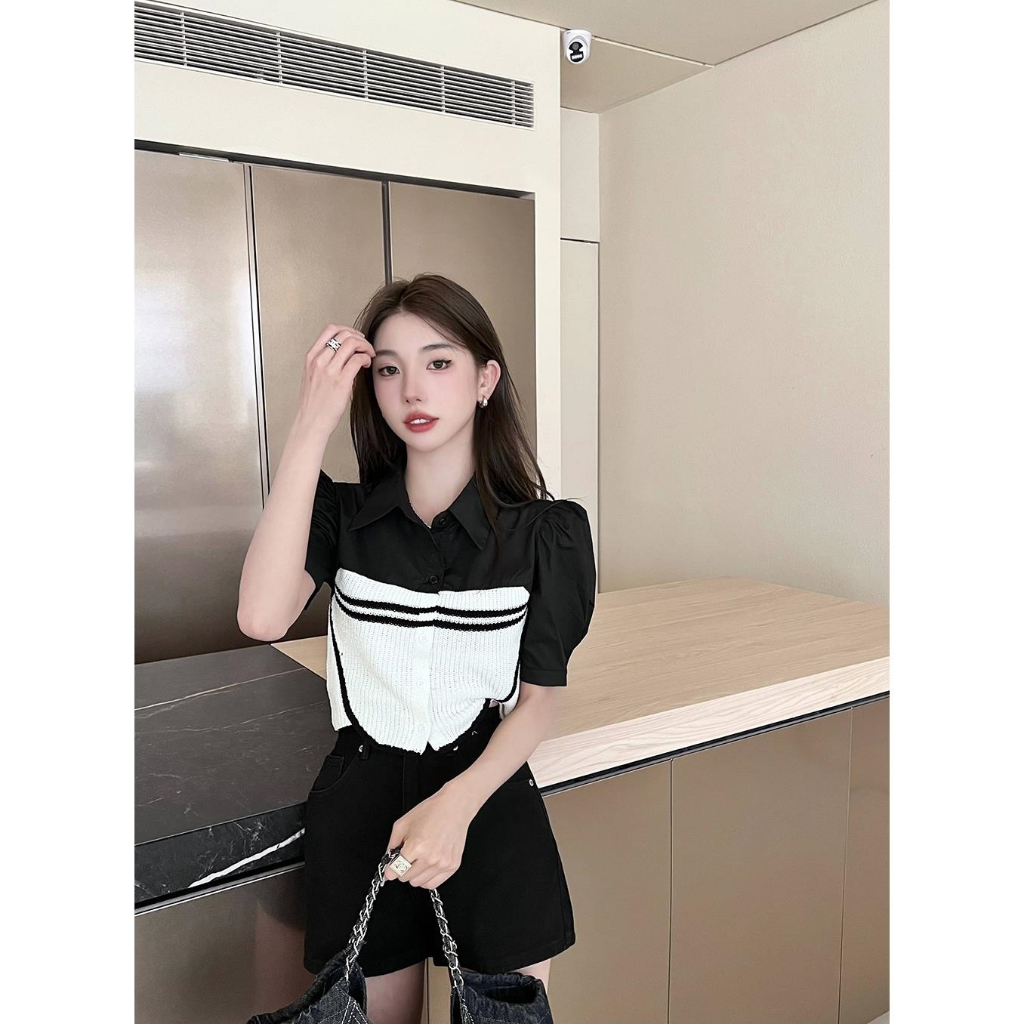 Lalisas Áo Sơ Mi Ngắn Tay Hai Mảnh Ghép Nối Phong Cách Hàn Quốc Cho Nữ