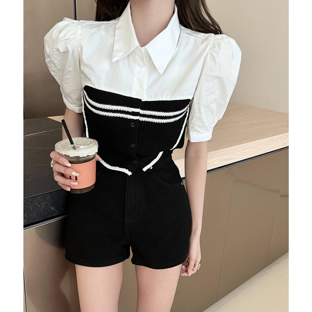 Lalisas Áo Sơ Mi Ngắn Tay Hai Mảnh Ghép Nối Phong Cách Hàn Quốc Cho Nữ