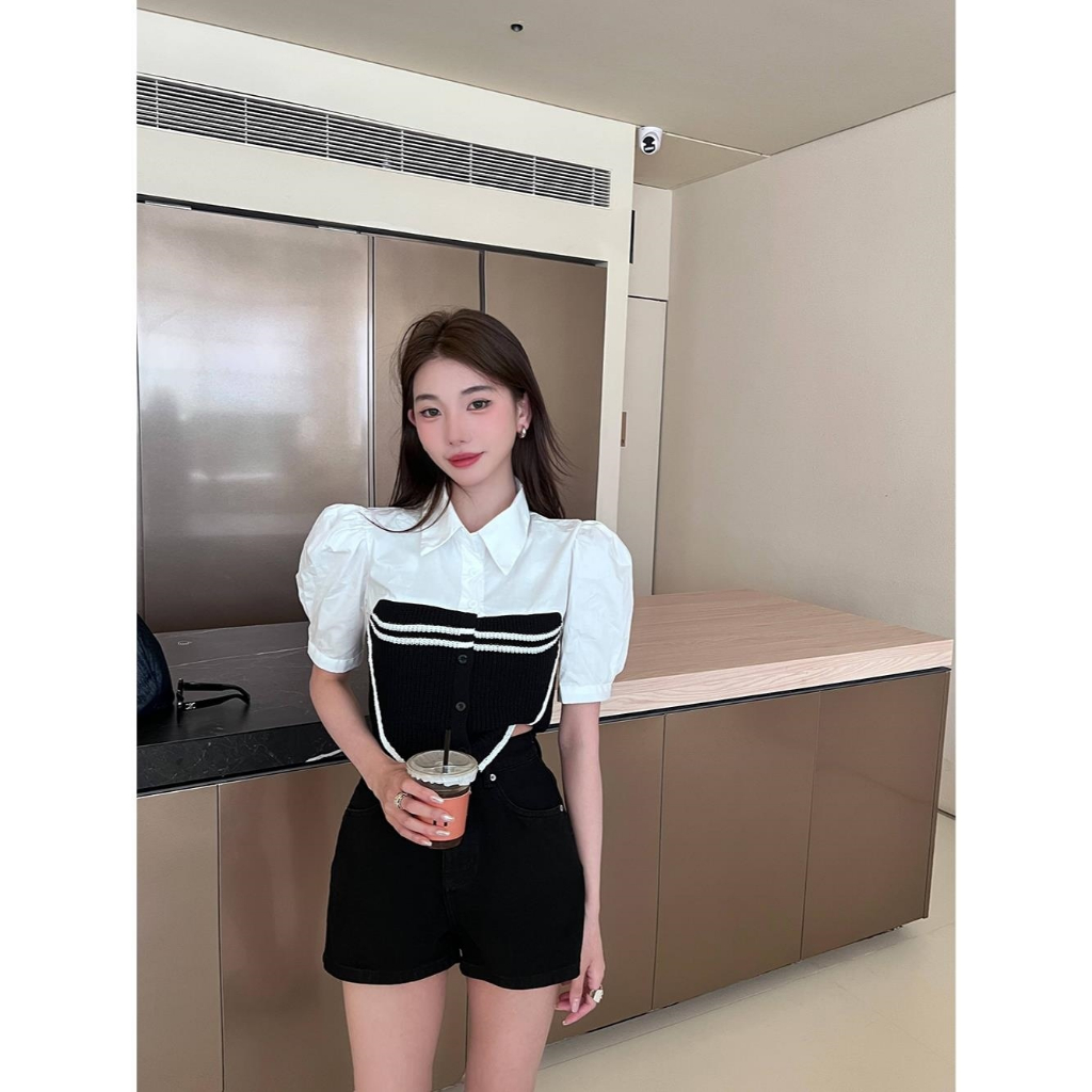 Lalisas Áo Sơ Mi Ngắn Tay Hai Mảnh Ghép Nối Phong Cách Hàn Quốc Cho Nữ