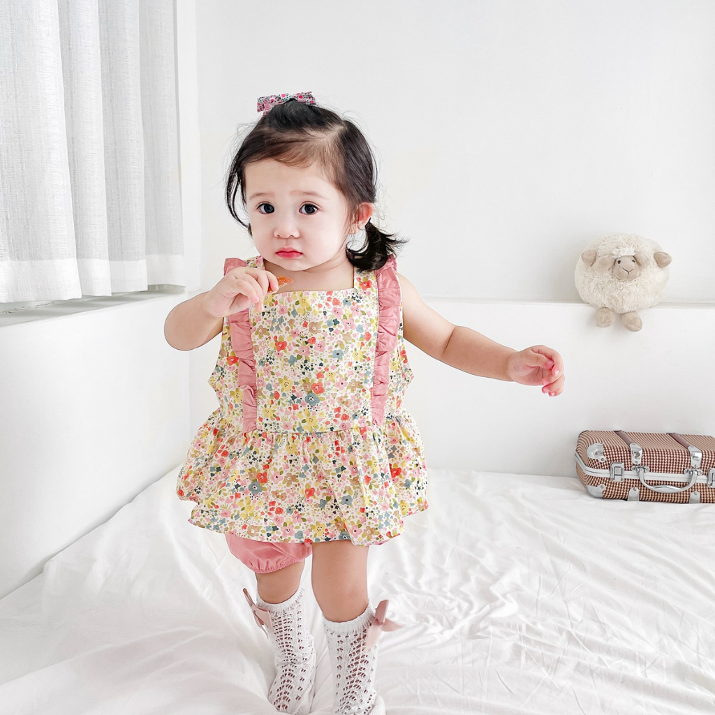 Sanlutoz Bộ Áo Sát Nách in Hoa + Quần Sooc Vải Cotton Nguyên Chất Thời Trang Mùa Hè Cho Bé