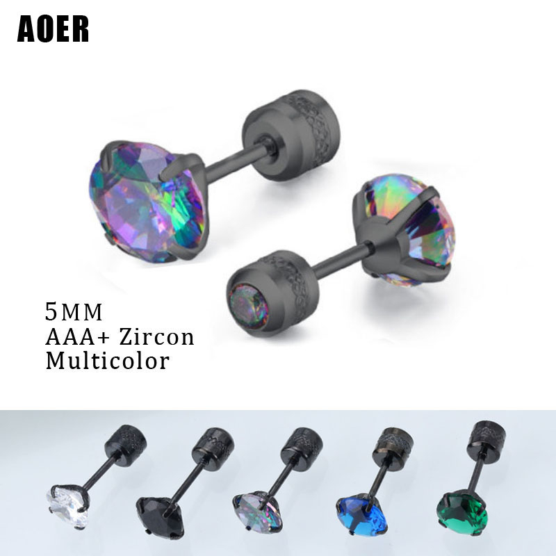 1 Đôi Bông Tai Titan Đính Kim Cương Đen Nhiều Màu 5MM Dành Cho Nam Nữ