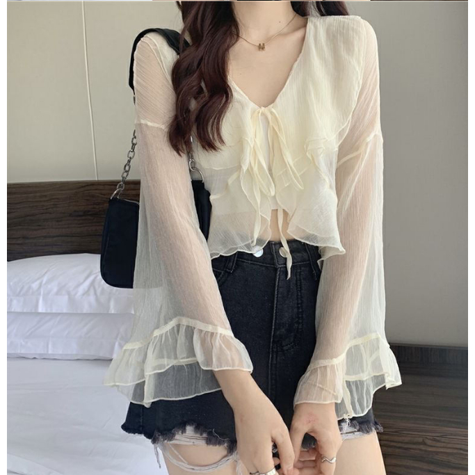M & X ~  Áo Khoác Cardigan Ngắn Chống Nắng Tay Loe Cột Dây Phối Khăn Choàng Nhỏ Dễ Phối Đồ Ngoài Cho Nữ