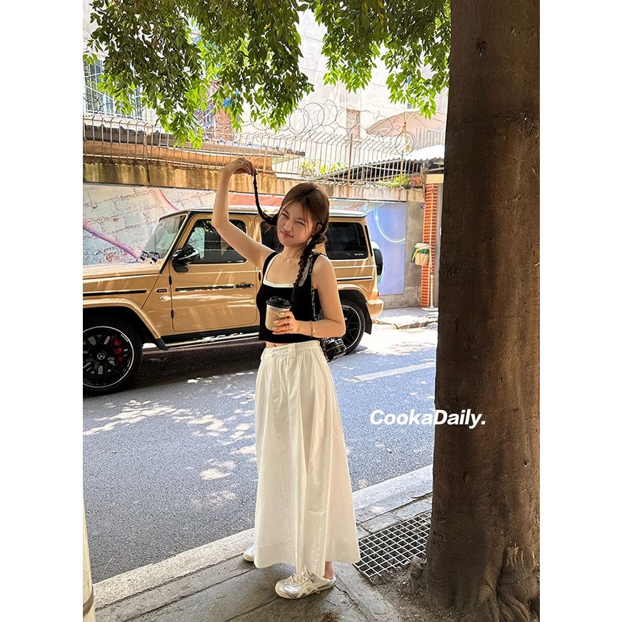 Áo Dệt Kim Hai Dây Dáng Ôm Ngắn Hở Vai Màu Sắc Tương Phản Thời Trang Cho Nữ