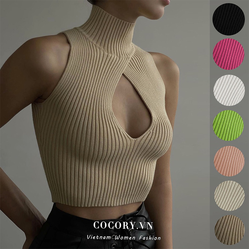 Cocory vn Áo Crop top Đan Len Cổ Cao 7 Màu Sắc Phong Cách Mỹ Quyến Rũ Cho Nữ