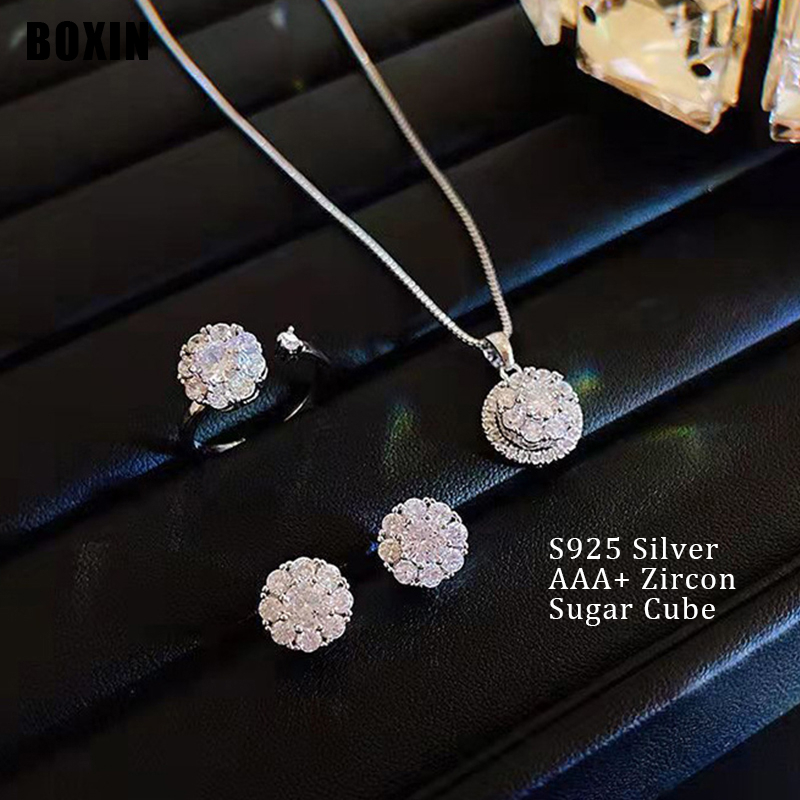 Bộ Vòng cổ + Nhẫn + Bông Tai Bằng Thép Titan Không Gỉ Đính Đá Zircon Màu Bạc 925 Thời Trang Cho Nữ