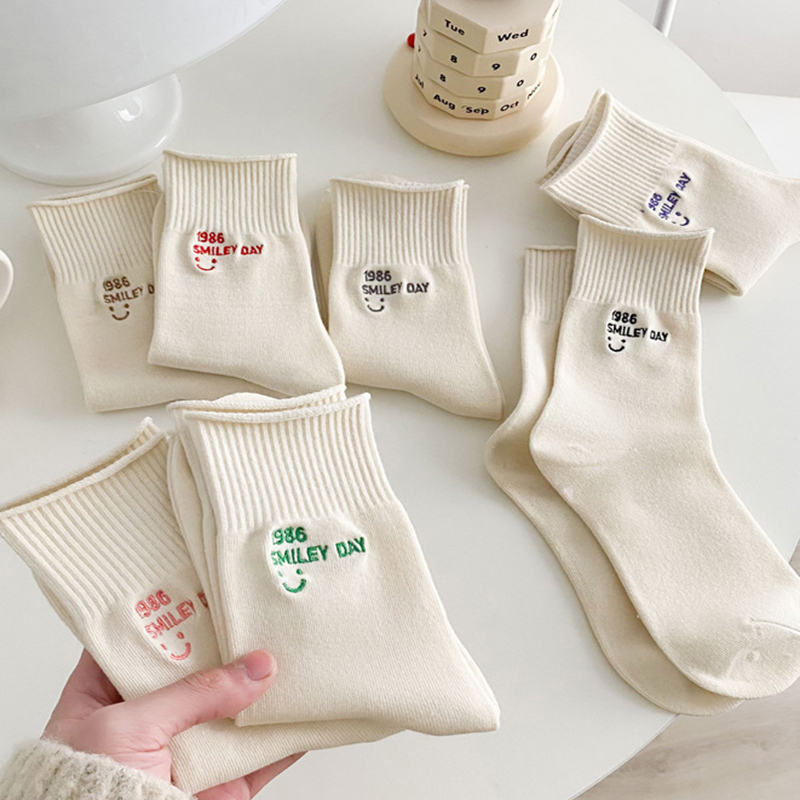FHYL Mới Đôi Vớ Cotton Họa Tiết Mặt Cười Phong Cách Hàn Quốc Cho Nữ