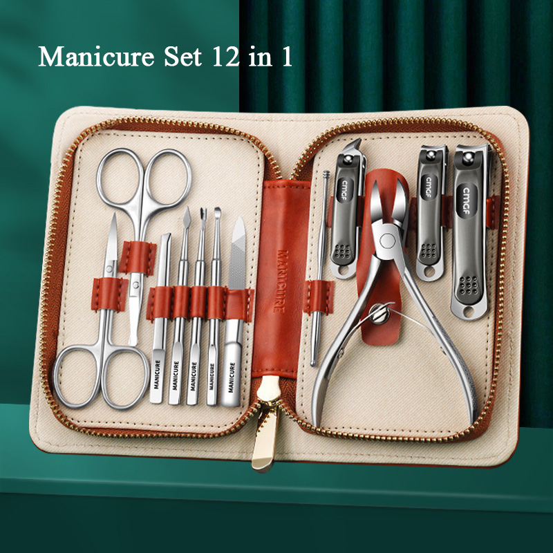 Bộ Dụng Cụ Chăm Sóc Móng Tay 12 Trong 1 Bằng Thép Không Gỉ Kèm Hộp Đựng Tiện Dụng Ốp