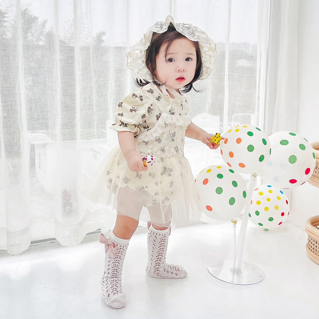 Áo liền quần SANLUTOZ cotton phối váy đăng ten công chúa với mũ mùa hè cho bé gái