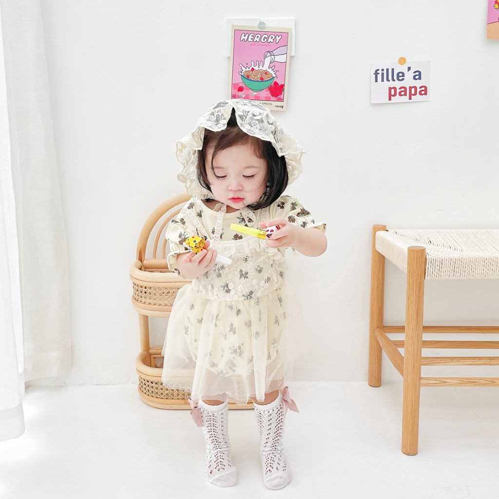 Sanlutoz Em bé Cô gái Bộ đồ thể thao Mùa hè Công chúa Đăng ten Bông lười biếng với Mũ
