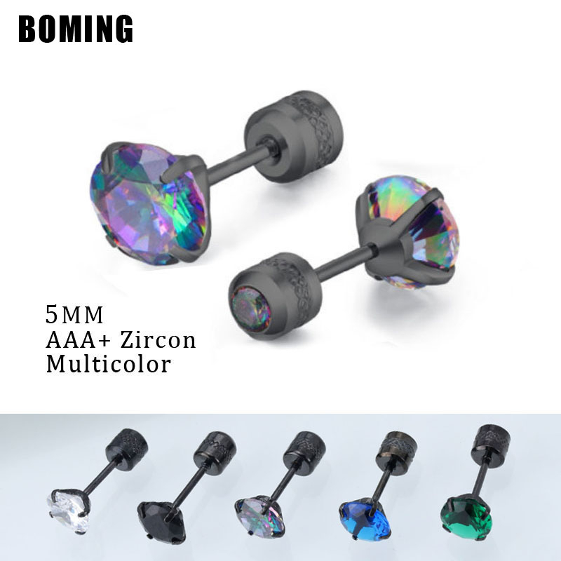 1 Đôi Bông Tai Thép Titan Đính Kim Cương Đen Nhiều Màu 5MM Dành Cho Nam Nữ