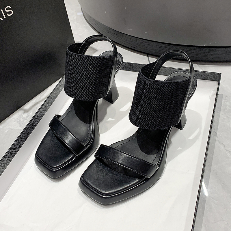 Giày Sandal Cao Gót Mũi Vuông Quai Co Giãn Thời Trang Mùa Hè Dành Cho Nữ