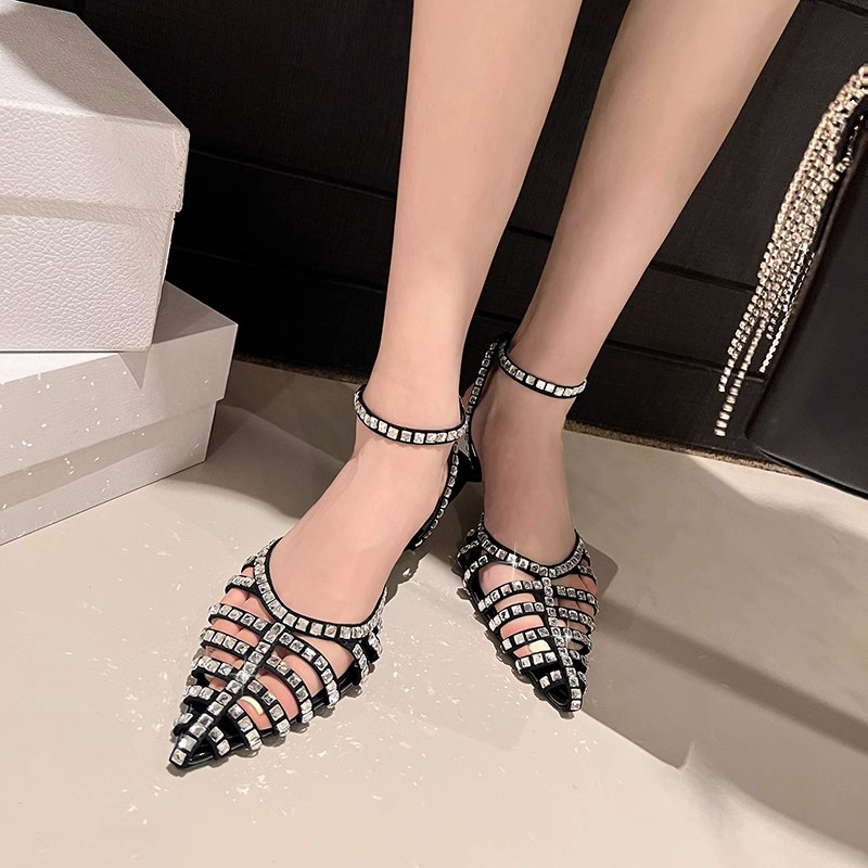 Giày Cao Gót Đính Đá Màu Đen Sang Trọng Thời Trang Mùa Hè Cho Nữ