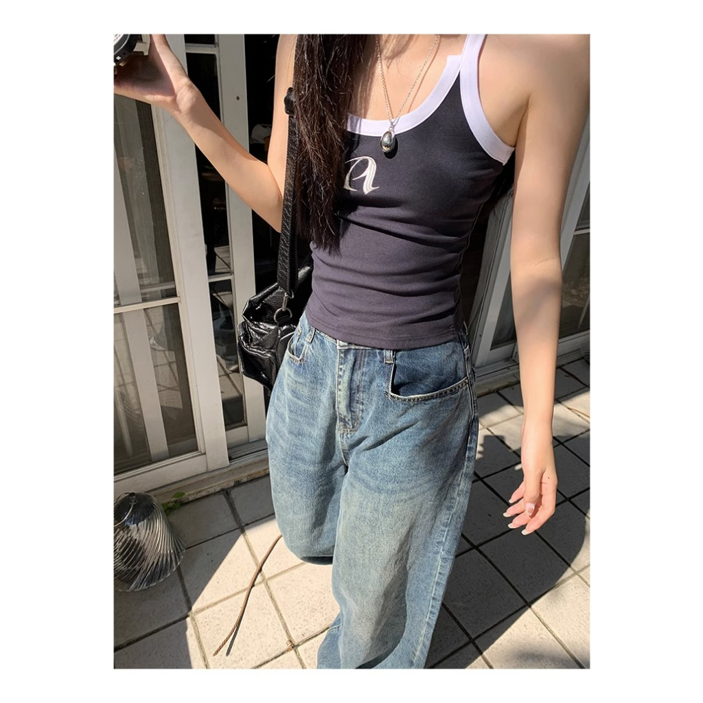 Áo Hai Dây Mùa Hè 2023 Thêu Họa Tiết Màu Tương Phản Phong Cách Mới Cho Nữ