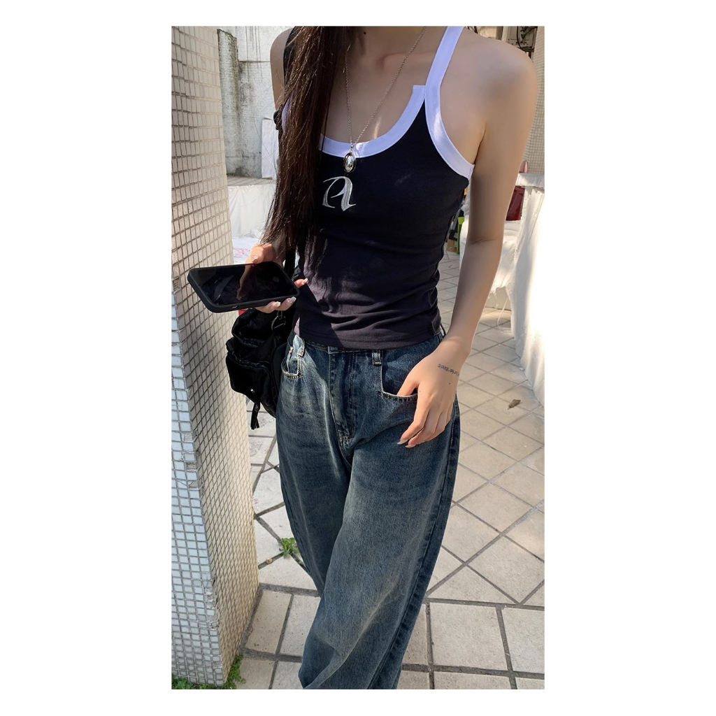 Áo Hai Dây Mùa Hè 2023 Thêu Họa Tiết Màu Tương Phản Phong Cách Mới Cho Nữ