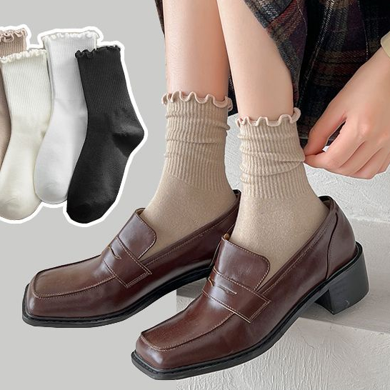 Vớ Mỏng Cổ Trung Viền Xếp Nếp Màu Đen Trơn Dễ Phối Đồ Thời Trang Xuân Hè