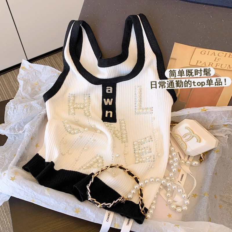 Áo Tank Top Dệt Kim Co Giãn Đính Kim Cương Nóng Bỏng Phong Cách Mùa Hè Mới Với Dây Đeo Co Giãn Cho Nữ