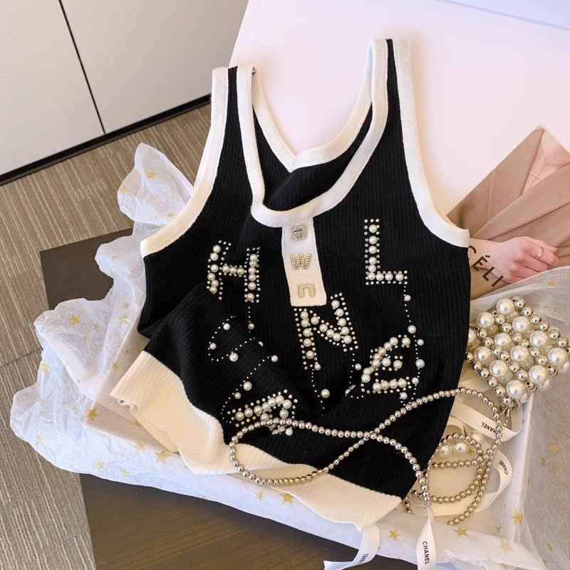 Áo Tank Top Dệt Kim Co Giãn Đính Kim Cương Nóng Bỏng Phong Cách Mùa Hè Mới Với Dây Đeo Co Giãn Cho Nữ