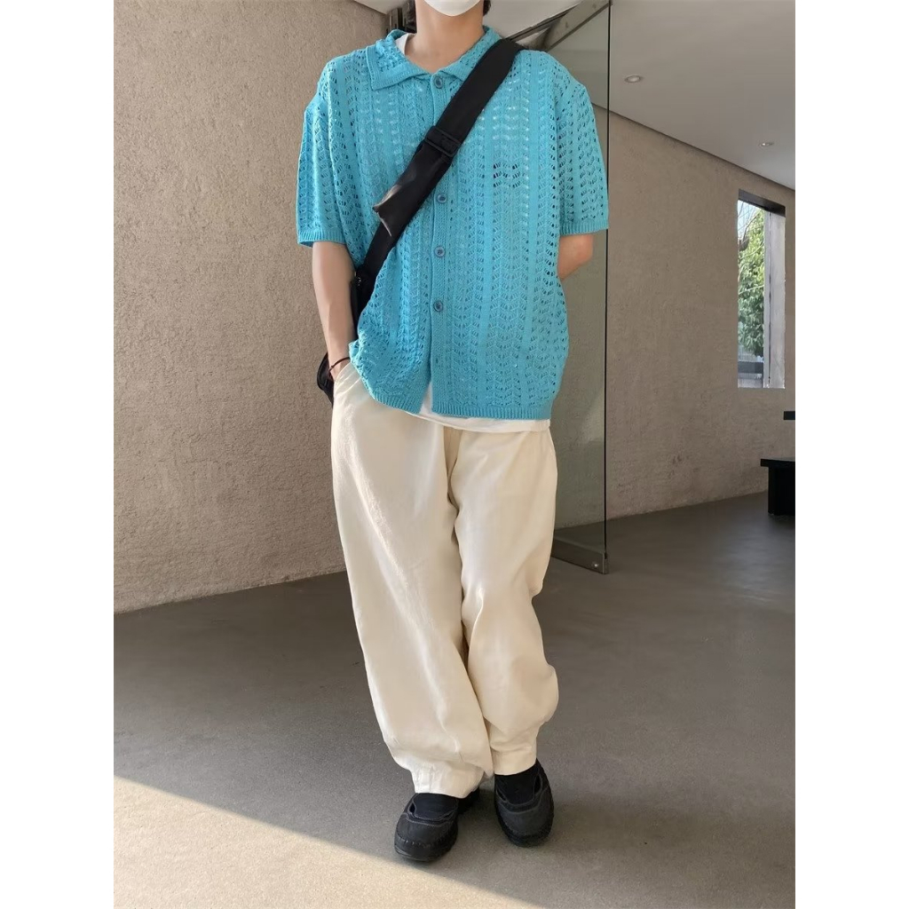 Áo Sơ Mi Dệt Kim Mỏng Dáng Rộng Cổ Đứng Tay Ngắn Thời Trang Mùa Hè Thoáng Khí Cho Nam