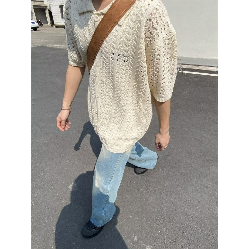 Áo Sơ Mi Dệt Kim Mỏng Dáng Rộng Cổ Đứng Tay Ngắn Thời Trang Mùa Hè Thoáng Khí Cho Nam