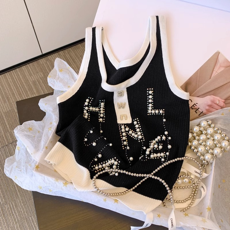 Áo Tank Top Dệt Kim Co Giãn Đính Kim Cương Nóng Bỏng Phong Cách Mùa Hè Mới Với Dây Đeo Co Giãn Cho Nữ