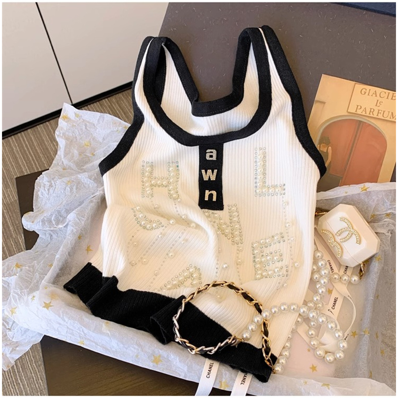Áo Tank Top Dệt Kim Co Giãn Đính Kim Cương Nóng Bỏng Phong Cách Mùa Hè Mới Với Dây Đeo Co Giãn Cho Nữ