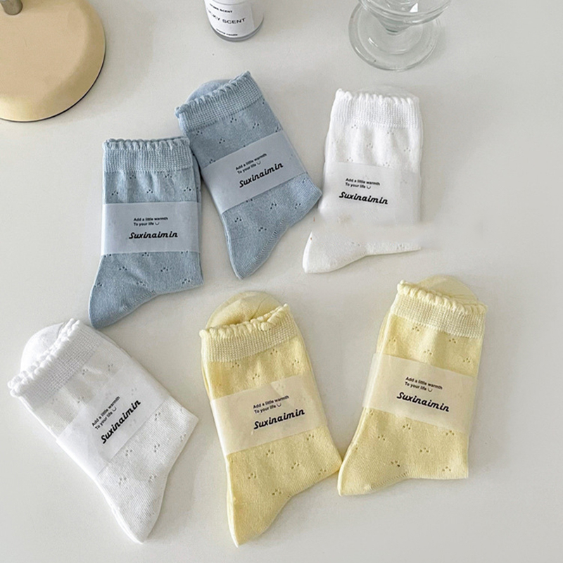 FHYL Đôi Vớ Cotton Phối Ren Lưới Màu Trơn Đơn Giản Nhiều Màu Sắc Phong Cách Hàn Quốc Dành Cho Nữ