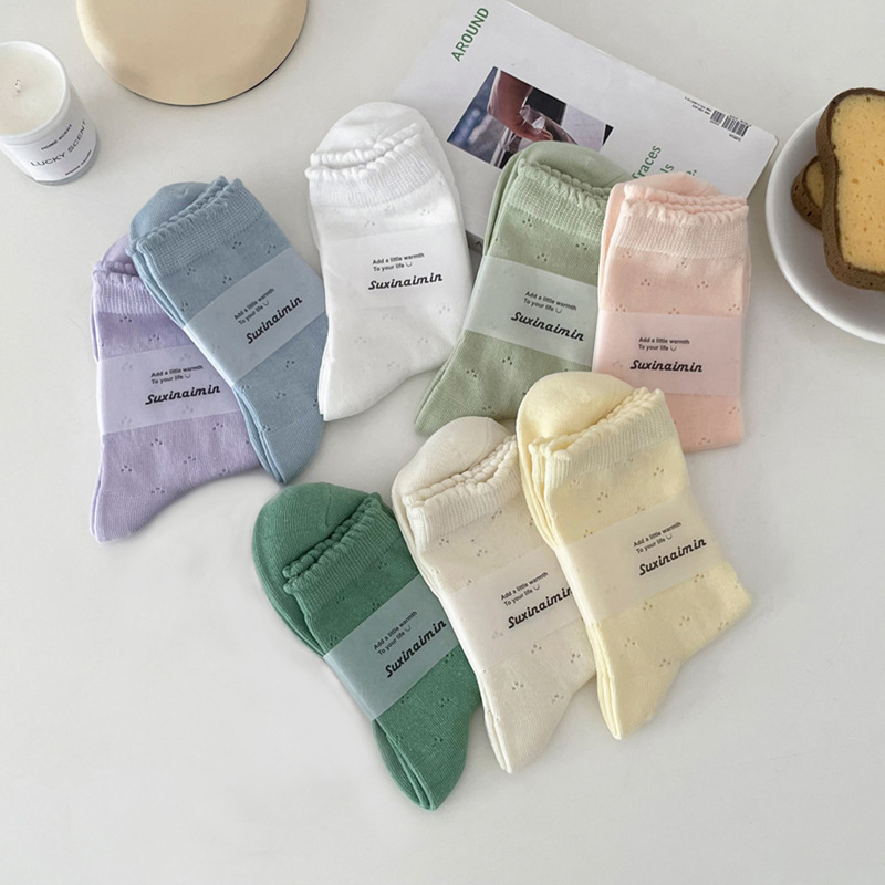 FHYL Đôi Vớ Cotton Phối Ren Lưới Màu Trơn Đơn Giản Nhiều Màu Sắc Phong Cách Hàn Quốc Dành Cho Nữ