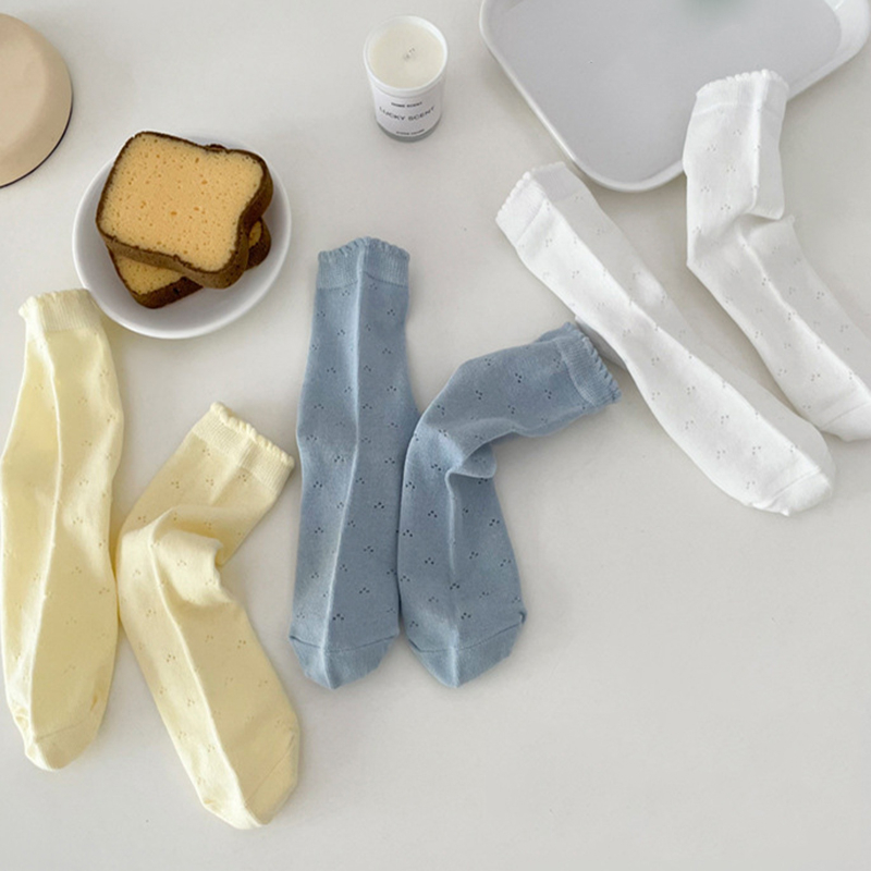 FHYL Đôi Vớ Cotton Phối Ren Lưới Màu Trơn Đơn Giản Nhiều Màu Sắc Phong Cách Hàn Quốc Dành Cho Nữ