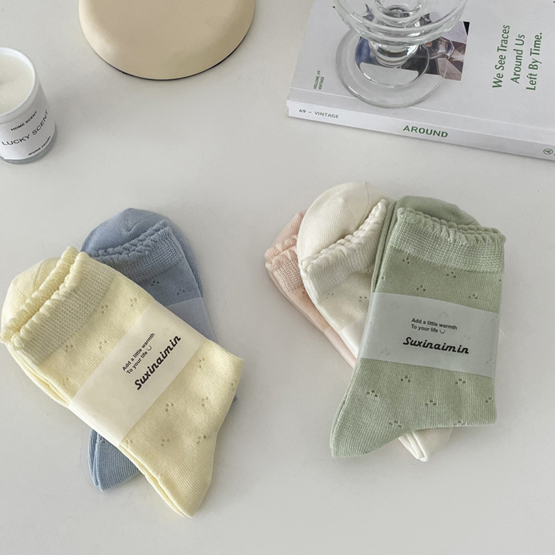 FHYL Đôi Vớ Cotton Phối Ren Lưới Màu Trơn Đơn Giản Nhiều Màu Sắc Phong Cách Hàn Quốc Dành Cho Nữ