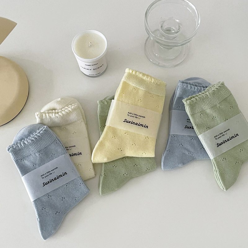 FHYL Đôi Vớ Cotton Phối Ren Lưới Màu Trơn Đơn Giản Nhiều Màu Sắc Phong Cách Hàn Quốc Dành Cho Nữ