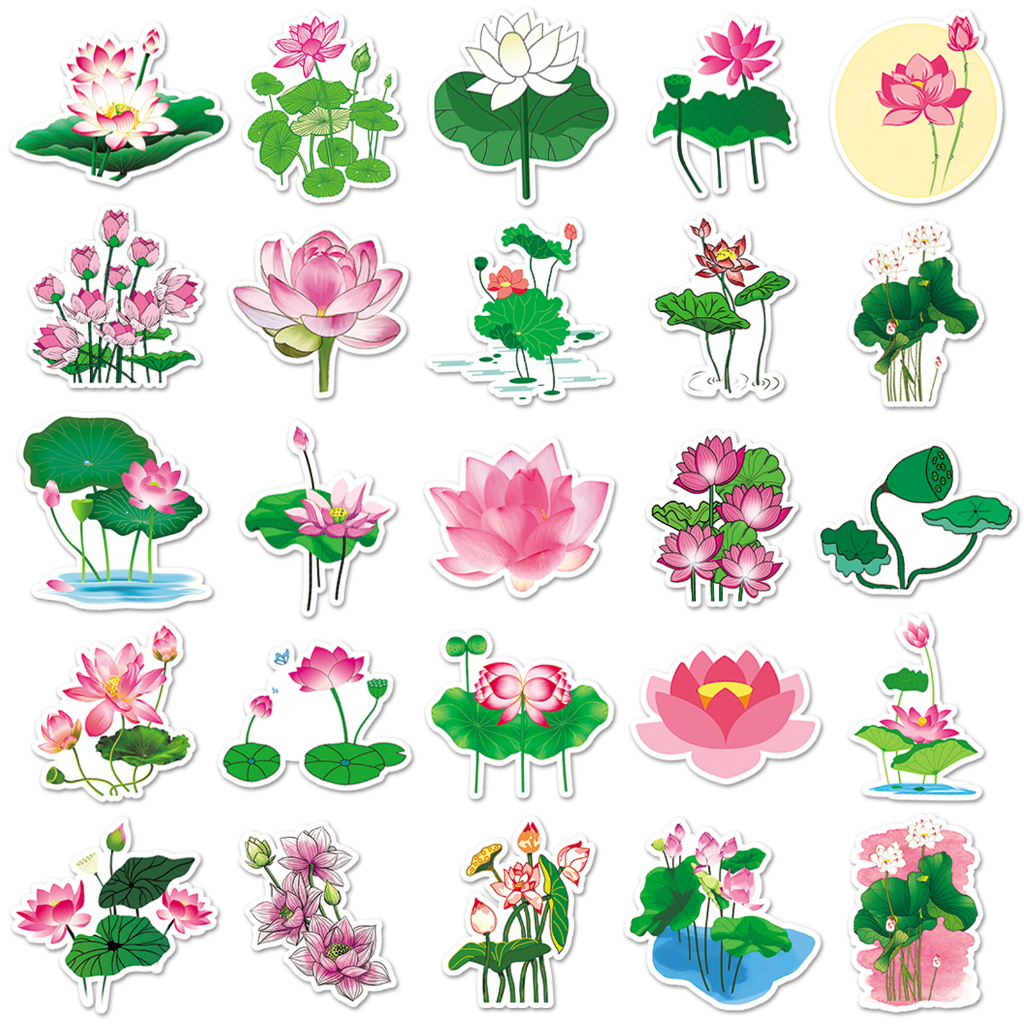 Bộ 50 Miếng Dán Trang Trí Xe Hơi / Nhà Cửa Hình Hoa Sen Vui Nhộn Chống Thấm Nước