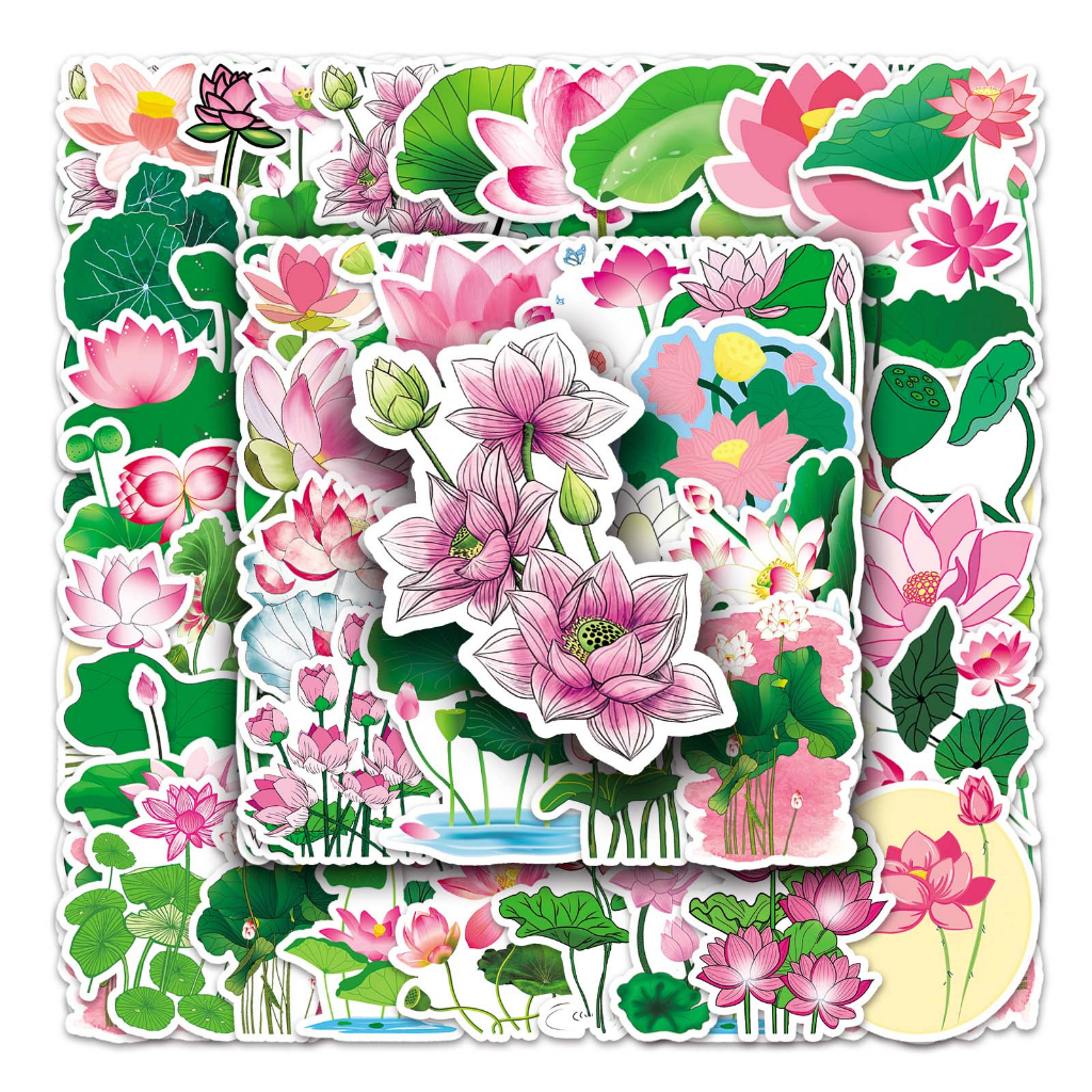 Bộ 50 Miếng Dán Trang Trí Xe Hơi / Nhà Cửa Hình Hoa Sen Vui Nhộn Chống Thấm Nước