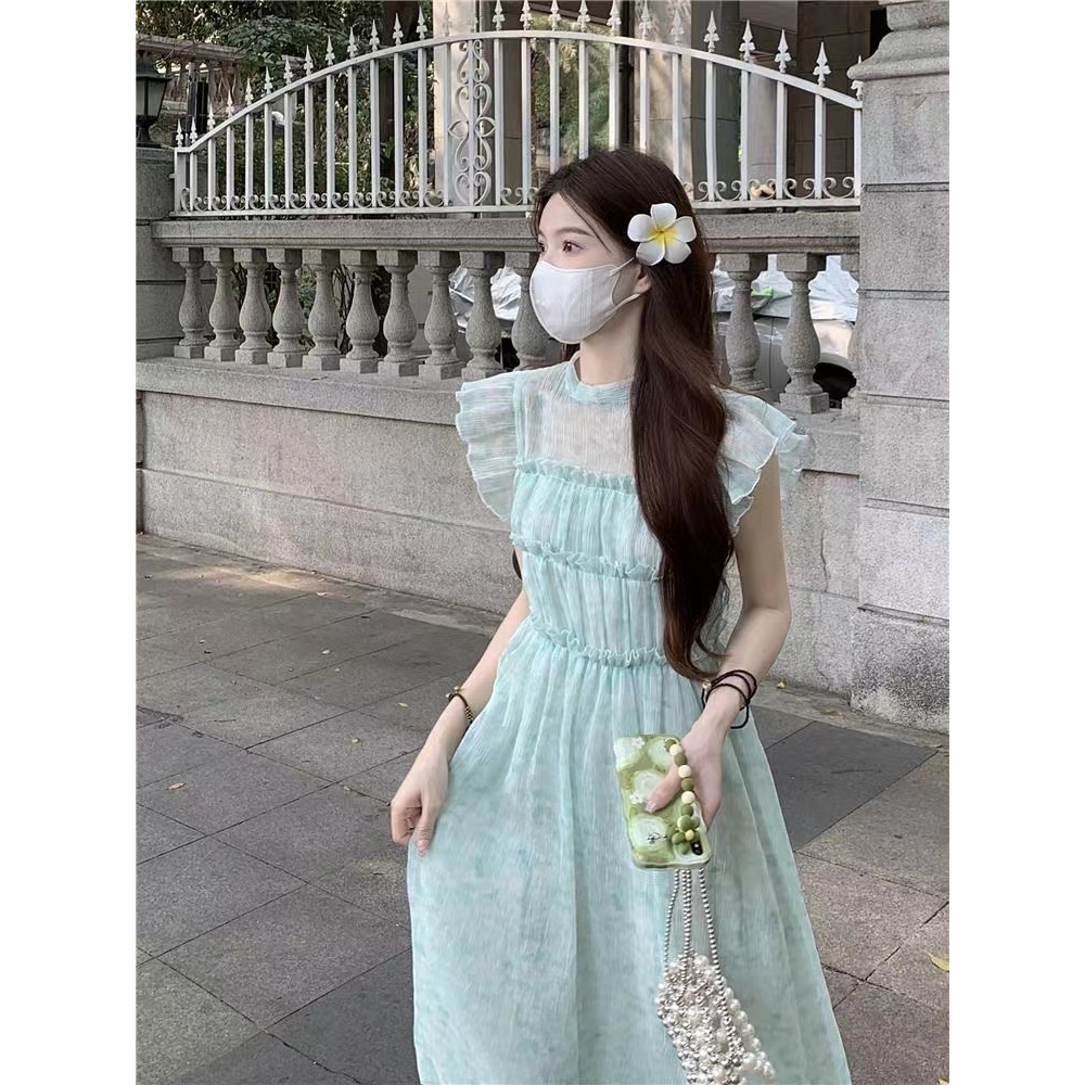 Đầm midi Sát Nách Nhấn Eo Họa Tiết Hoa Thời Trang Hàn Quốc Cho Nữ