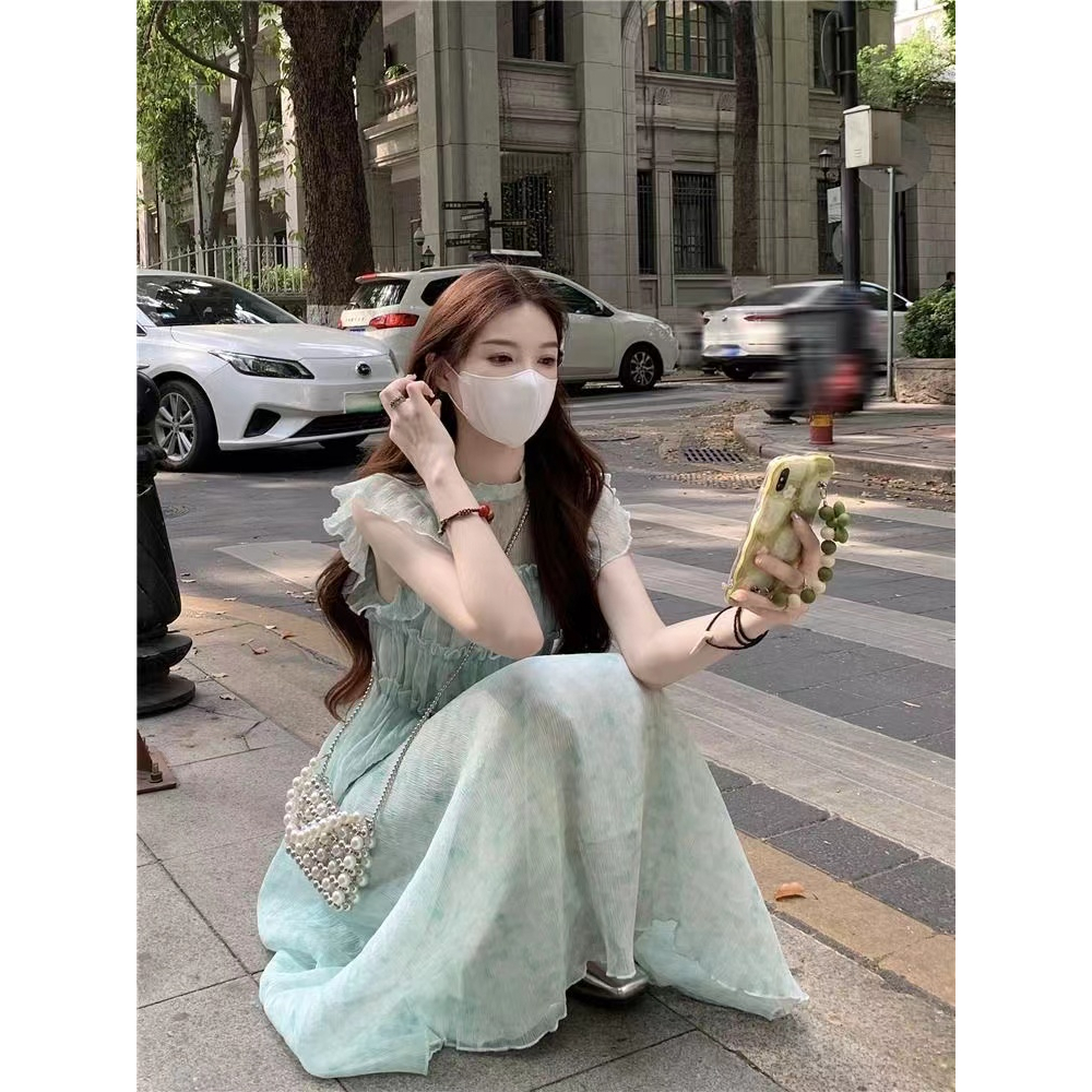 Đầm midi Sát Nách Nhấn Eo Họa Tiết Hoa Thời Trang Hàn Quốc Cho Nữ